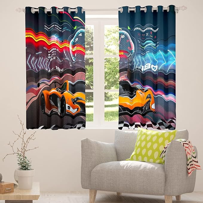 Feelyou Race Car Window Curtains Bedroom Living Room Boys Extreme Sports Curtains Kids Room Decor Boys Cool Car Window Drapes Sports Kids Bedroom Decor Treatments 52W X 90L，2 Panels