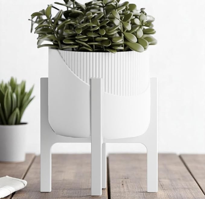 Modern Geometric Planter with Stand – Decorative Indoor Plant Pot with Ridged Top & Smooth Bottom, Stylish Planter for Succulents, Herbs, Small Plants (White - Smooth Body with Ridges and Stand)