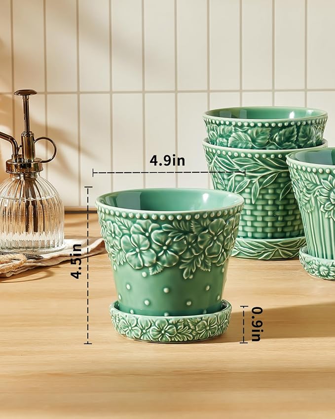 Metahom Ceramic Plant Pots, 4.9 Inch Flower Pots with Drainage Hole & Saucer, Decorative Planter Pots for Indoor Plants, Small Pots for Succulent, Catus, Home Decor, Set of 4, Green