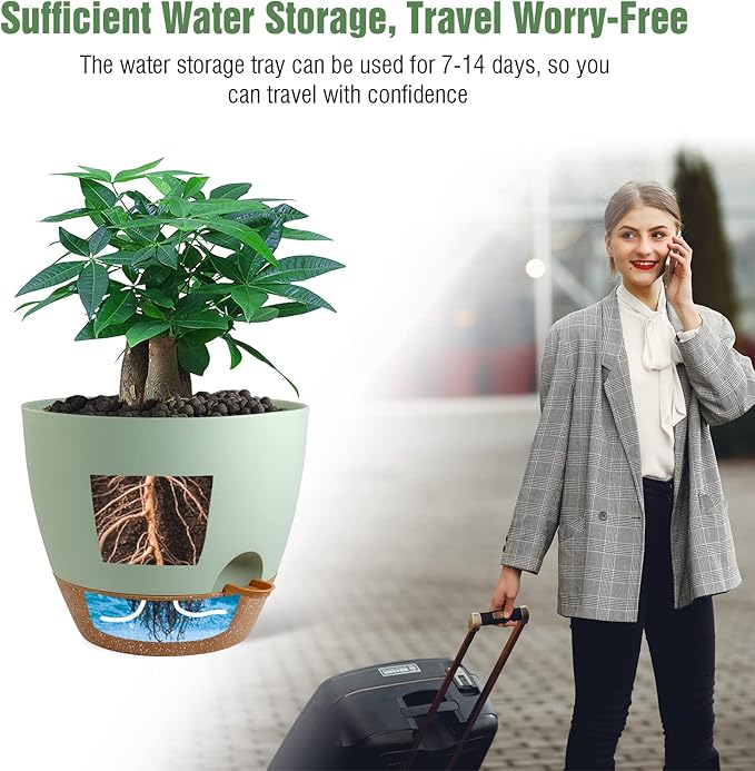 UOUZ 12 inch Large Self Watering Pots, Plastic Planters with 60oZ Removable Deep Reservoir and Multi Mesh Drainage Holes for Indoor Outdoor Garden Plants and Flowers, Green with Brown