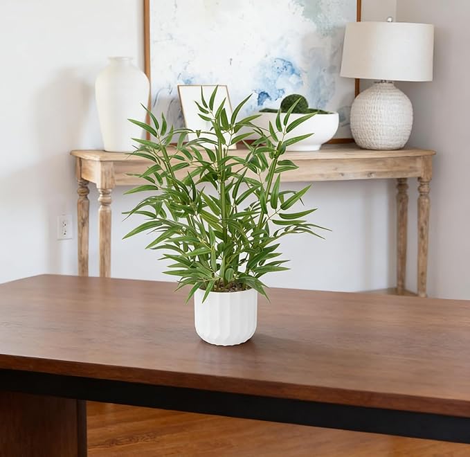 22Inch Artificial Plants Indoor Table Top Tree Artificial Bamboo with White Pot Fake Potted Plant for Desk Home Decor Indoor Living Room Office Kitchen Bathroom Counter Decor