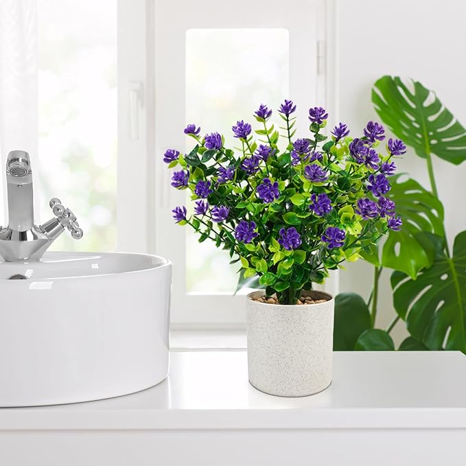 4 Pack Artificial Flowers in Pots, Mini Fake Potted Plants Small Faux Flowers for Indoor Decor, Purple Spring Tabletop Centerpieces for Bathroom Office Desk Shelf