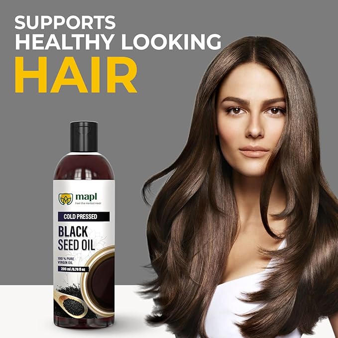Mapl Organic Black Seed Oil Cold-Pressed from Nigella Sativa – Pure Unrefined Black Cumin Seed Oil Non-GMO & Vegan, Rich in Omega 3 6 9 for Hair Growth, Skin Care & Immune Support – 6.76 Fl Oz (200ml)