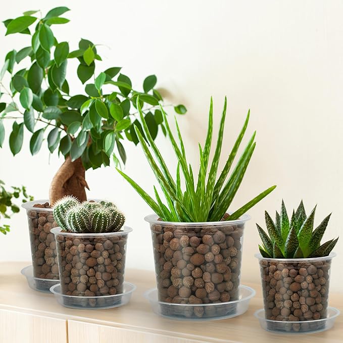FUIJOL 5 Inch Clear Nursery Pots for Plants with Sacuers 15 Pack, Plastic Flower Pots with Drainage Holes, Variety Pack Seedlings Garden Pot for Indoor Outdoor (5 inch)