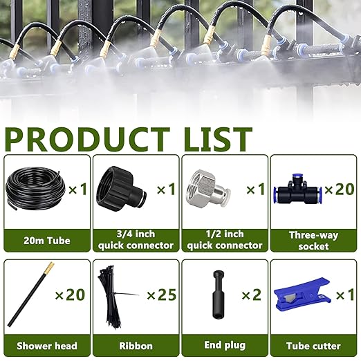 65.6FT/20M Drip Irrigation System, 360° Bendable Irrigation System for Garden, Garden Watering System with Quick Connector and Adjustable Nozzles, Drip Irrigation Kit for Greenhouse, Yard, Plants