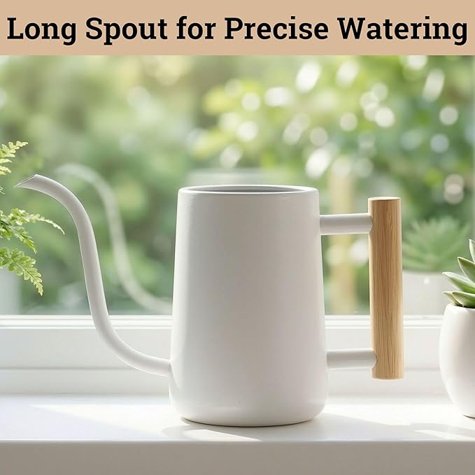 35 oz Metal Small Indoor Watering Can with Long Spout & Real Wood Handle for House Plants, Succulents, Cacti & Seedlings - White Long Spout Watering Can Indoor Plants - Stylish, Gentle Flow, No Spills