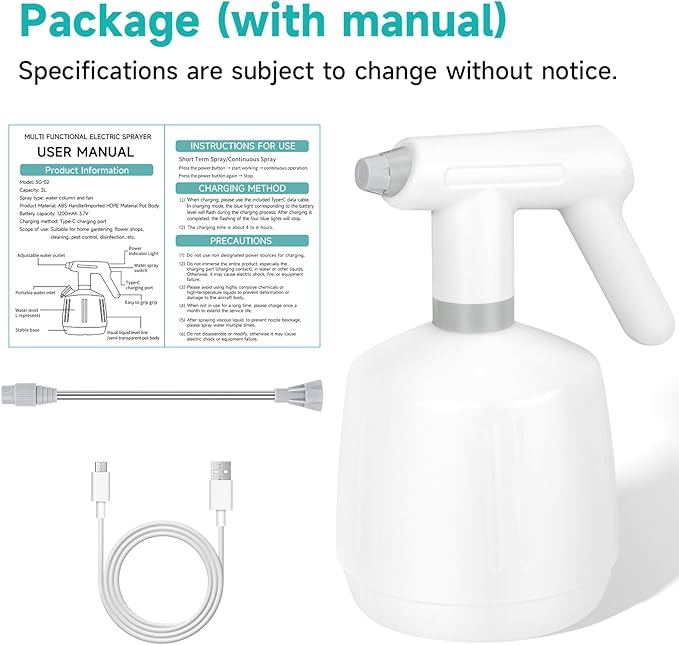 SANLIKE Electric Spray Bottle 2L Pump Sprayer Plant Mister, Automatic Watering Can Rechargeable Battery Powered Pressure Bottle with Adjustable Spout 2 Spray Types for Garden, Fertilizing, Cleaning