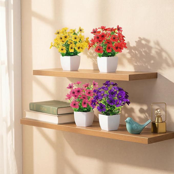 CEWOR Fake Plants 4 Packs Small Faux Potted Flower Daisy with Eucalyptus Leaves Decorations for Desk Bathroom Office Home Room Table Decor Indoor Outdoor