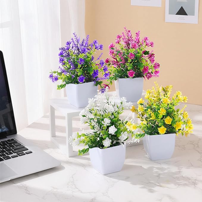 CEWOR Fake Flowers 4 Packs Faux Potted Flower Lavender with Eucalyptus Flowers Small Decorations for Spring Desk Bathroom Office Home Room Table Decor Indoor Outdoor