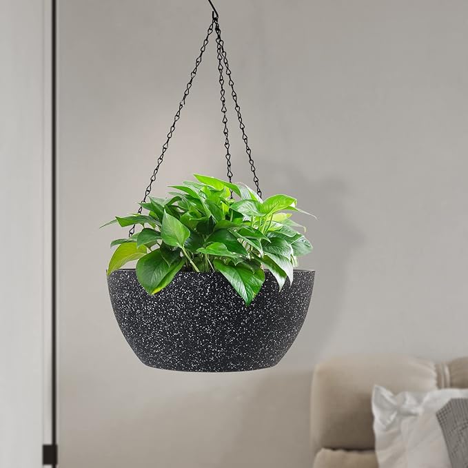WSMKSZ 13 inch Large Hanging Planters Plant Pots for Outdoor Indoor Plants with Drainage Holes and Chain, 2 Pack Round Hanging Flower Pots for Garden Home Porch Decor, Speckled Black
