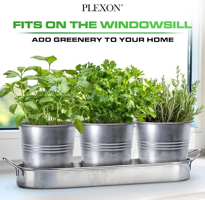 Plexon Herb Planter Indoor Garden Set of 3 with Tray, Metal Herb Pots for Indoor Plants, Round Kitchen Garden Kit Ideal for Windowsill Planter or Countertop, Galvanized Steel