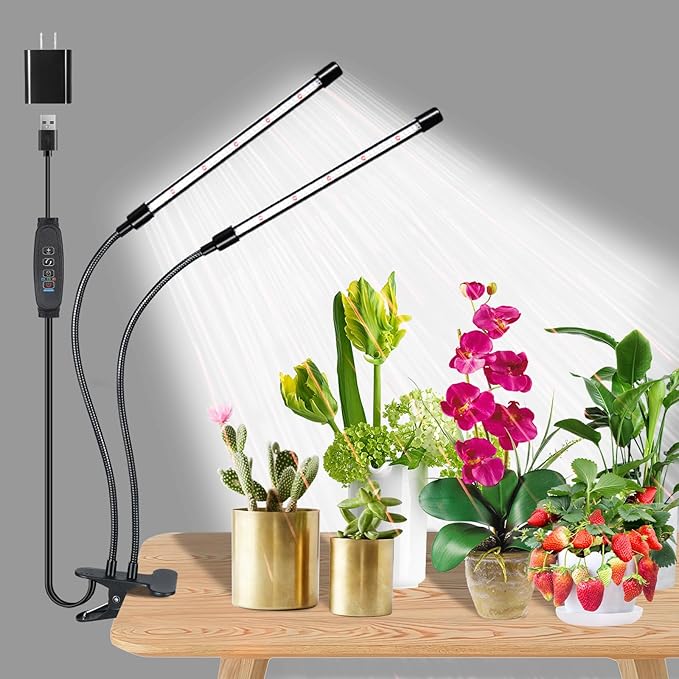 LED Clip-On Plant Growth Light - Auto On/Off Timer 4/8/12h - Dual Heads with Flexible Swan Necks - Full Spectrum LED - 3 Modes, 10 Dimmable Levels - Indoor Use for Seedlings, Succulents