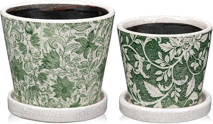 Set of 2 Ceramic Green Plant Pots with Drainage Hole and Saucers, Vintage Farmhouse Accent Planters for Indoor Plants, Round Flower Pots Rustic Succulent Cactus Pots Terracotta Tubs 5.7/4.7 Inch