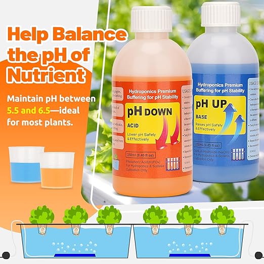 Hydroponics pH Control Kit pH Up and Down Control Set (2 x 250ml Bottles) Accurate PH Level Adjustment for Hydroponics, Aquaponics, DWC, Indoor & Outdoor Growing