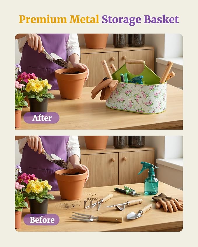 9-Piece Garden Tool Set, Heavy Duty Stainless Steel Rust-Proof Planting Kit with Ergonomic Wood Handles, Durable Metal Organizer Basket with 4 Compartments, Ideal Gardening Gift for Women, Mother