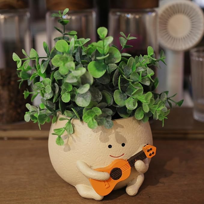 Planter Pot with Drainage Hole Cute Resin Head Planters for String of Pearls Plant Live Unique Guitar Succulent Pots for Indoor Outdoor Plants Gift IdeaI for Christmas (Small)