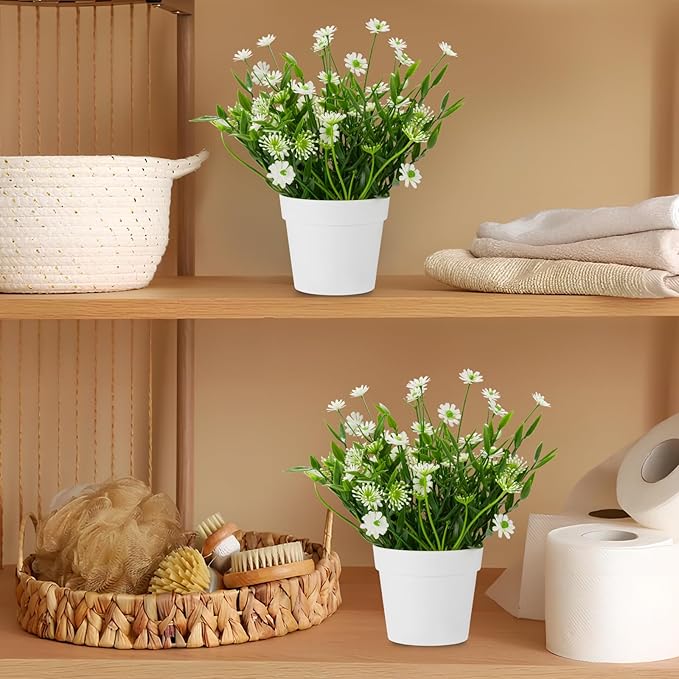 Fake Plants Daisy for Bathroom Decor, Small Potted Artificial Plants Indoor for Shelf Desk Home Bathroom Farmhouse Room Coffee Table Decor, White (Pack of 2)