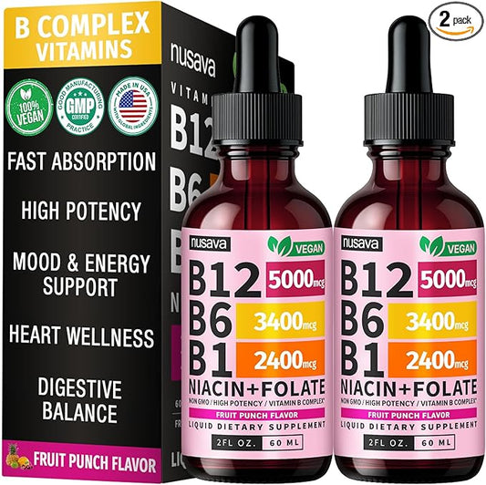 (2 Pack) Vitamin B12 and B6 Liquid Drops, B12 Sublingual Vitamin B Complex - B 12 Vitamin 5000mcg - B12 Methylcobalamin for Energy, Brain, and Heart Support with 27,200 mcg, Fruit Punch, 80 Servings