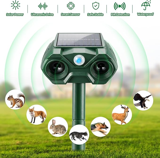 2 Pack Solar Animal Repellent Outdoor,USB Rechargeable Cat Deterrent Outdoor &Deer Repellent Devices Coyote Skunk Raccoon Fox Deterrents Light Animal Repeller with Motion Sensor for Yard Garden