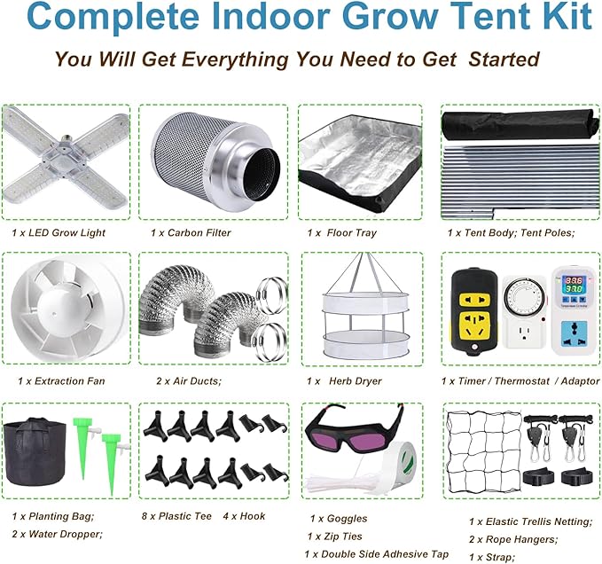 4x4 Grow Tent Kit Complete High Reflective Mylar Indoor Grow Tent 48"x48"x80"+ LED Grow Light Combo Hydroponics Indoor Plant Growing Tent System (Upgraded Grow Tent Kit with Carbon Filter)