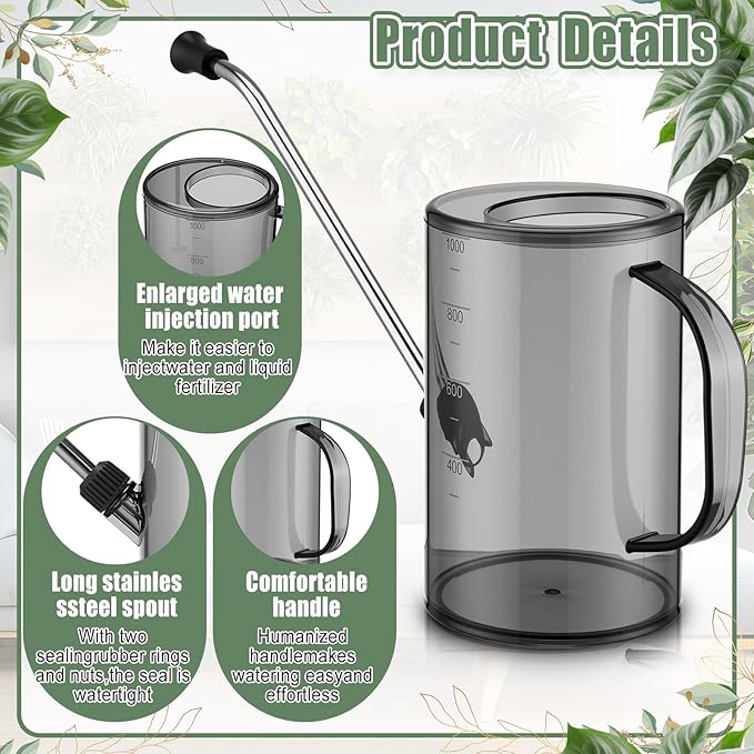 Indoor Plants Watering Can for Indoor Plants Long Probe Soil Moisture Meter Long Spout Watering Cans Water Monitor Indicator for Pot Flower House Gardening Farming(Gray,1 L,Cylindrical)