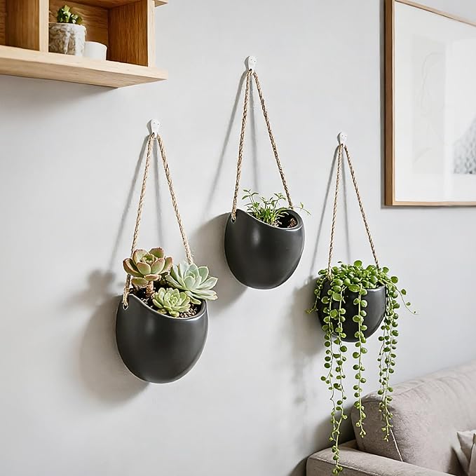 Set of 3 Small Ceramic Hanging Planters for Indoor Plants, Wall Decor for Bathroom Living Room Bedroom Home Kitchen Office Corridors
