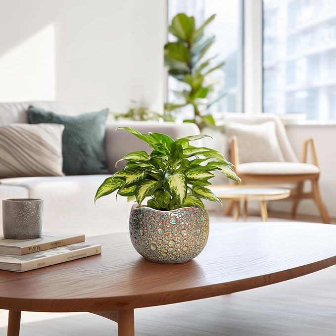 Ceramic Plant Pots - 6 Inch Plant Pot with Drainage Hole and Plug, Unique Planter for Indoor Plants Outdoor, Modern Planter, Round Orchid Pot, Room Decor, House Warming Gifts, Speckled-brown