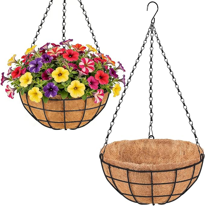 14 Inch Hanging Baskets for Plants Outdoor, 2 Pack Metal Round Wire Hanging Planters with Natural Thick Coco Liners, Garden Patio Decor for Flowers, Herbs, Succulents