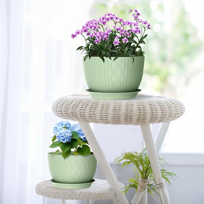 Meowell Large Flower Pots 12/10/9 inch, 3 Set Wide Plant Pots for Outdoor Indoor Plants with Water Ripples, Big Plastic Planters with Drainage Holes and Saucers for Garden House Plants, Green
