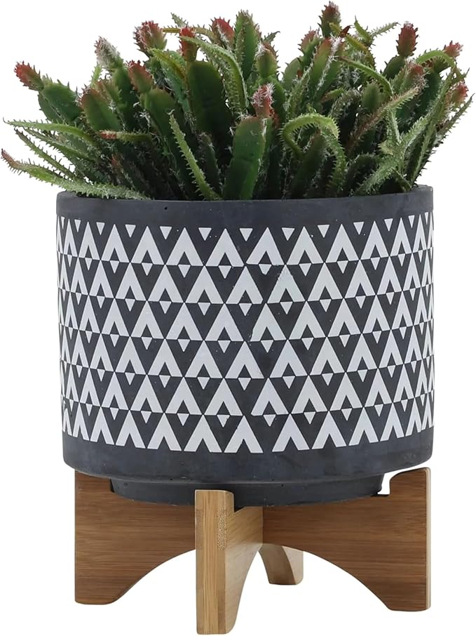 DTY Ceramic Planter Wooden Stand Minimalist Gray Indoor Tabletop Planter - Default