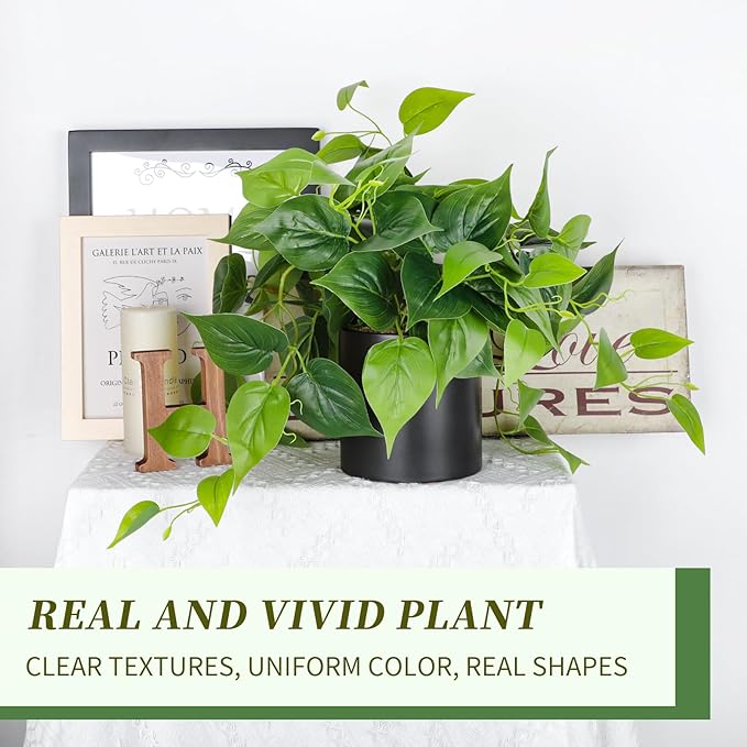 JPSOR Artificial Indoor Plants for Home Decor, 12 inches Pothos in Black Ceramic Pot with Iron Wire, 1 Count