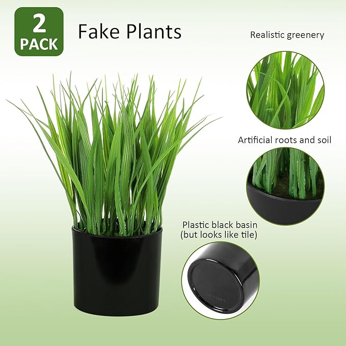 2 Pack Fake Plants Indoors Potted Wheat Grass Faxu Plants for Desk Table Shelf Decor, Artificial Plants Greenery Indoor for Bathroom Office Kitchen Living Room Home Decoration