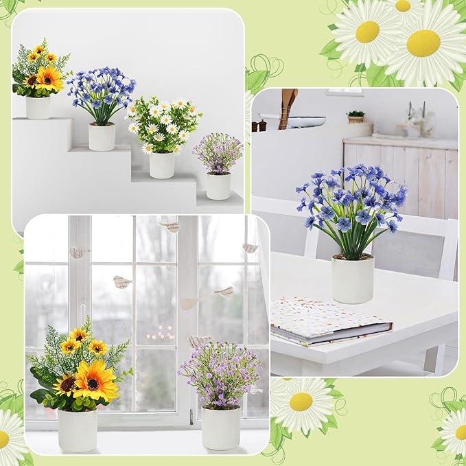 4 Packs Fake Plants Small Artificial Potted Flowers Mini Faux Plants for House Office Bathroom Farmhouse Tabletop Decor