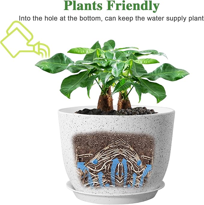 UOUZ 12/10/9 Large Modern Plant Pots, Plastic Planters with Drainage Holes and Saucers for Indoor Outdoor Plants Flowers, White Speckles