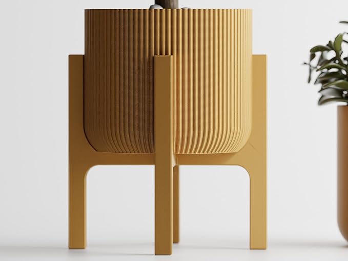 Modern Geometric Planter with Stand – Decorative Indoor Plant Pot with Ridged Top & Smooth Bottom, Stylish Planter for Succulents, Herbs, Small Plants (Gold - Ridges only and Stand)