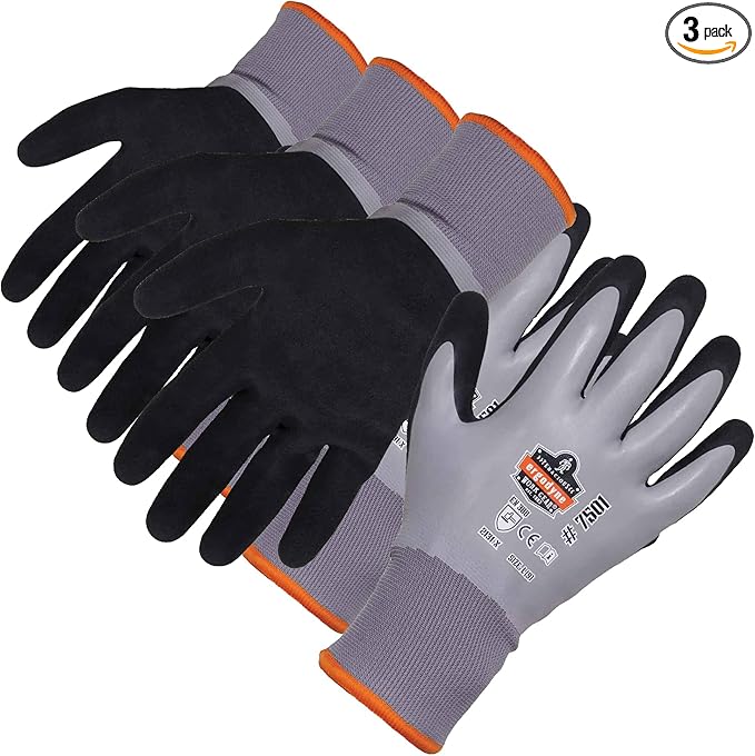 Ergodyne ProFlex 7501 Coated Waterproof Winter Work Gloves, Sandy Nitrile Coated Palms, Thermal Fleece Lining, Gray, Small (1 Pair) (Pack of 3)