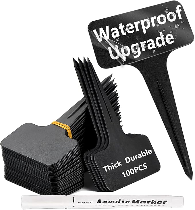 DaTpuik 100 Pcs Waterproof Black Durable Plastic Plant Outdoor Garden Labels Nursery Markers T-Type Thick Tags Re-Usable for Vegetables Seedlings