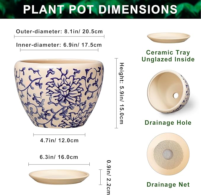 Ceramic Pots for Plants - 8 Inch Plant Pot with Drainage Hole and Saucer, Modern Flower Pots for Indoor Outdoor Plants, Round Decorative Planter, Bedroom Decor, Plant Lover Gift, Retro Blue
