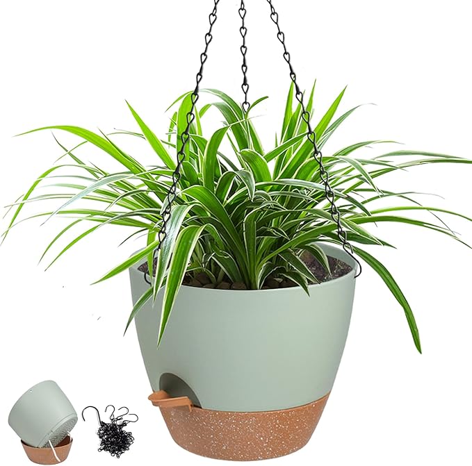 Vanslogreen Hanging Planters for Indoor Outdoor Plants, 1 Set Self Watering Hanging Pot with Drainage Holes & Removable Tray (Green-12inch, 12'')