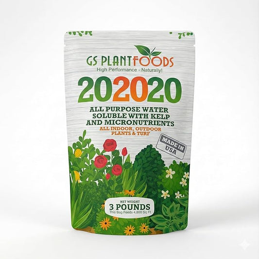 GS Plant Foods All Purpose Water Soluble 20-20-20 Fertilizer Balanced NPK Plant Food with Micronutrients, Contains Kelp (Ascophyllum nodosum) for Indoor & Outdoor Plants, Gardens & Turf (3 lbs)