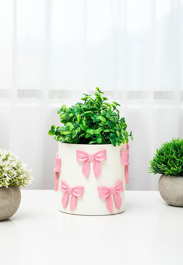 Stylor Pink Bow Planter - Coquette Bow Room Decor for Teen Girls, Decorative Cute Flower Pot with Drainage Hole, Resin Planters for Indoor Plants, Girly Gardening Pot for Home Aesthetic