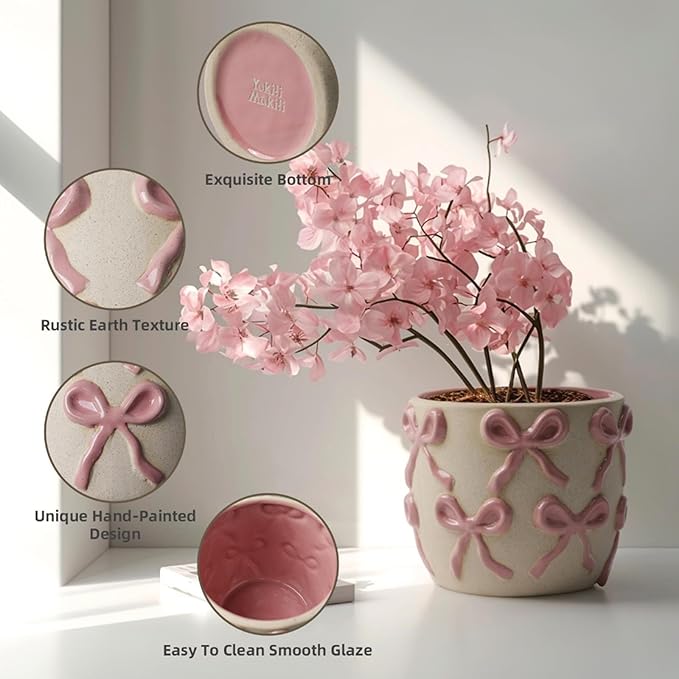 Ceramic Flower Pots for Indoor and Outdoor Plants, Succulent Orchid Round Clay and Terracotta Planter for Garden Home Modern Decoration 5.3 Inch (Pink Bow, Without Saucers)