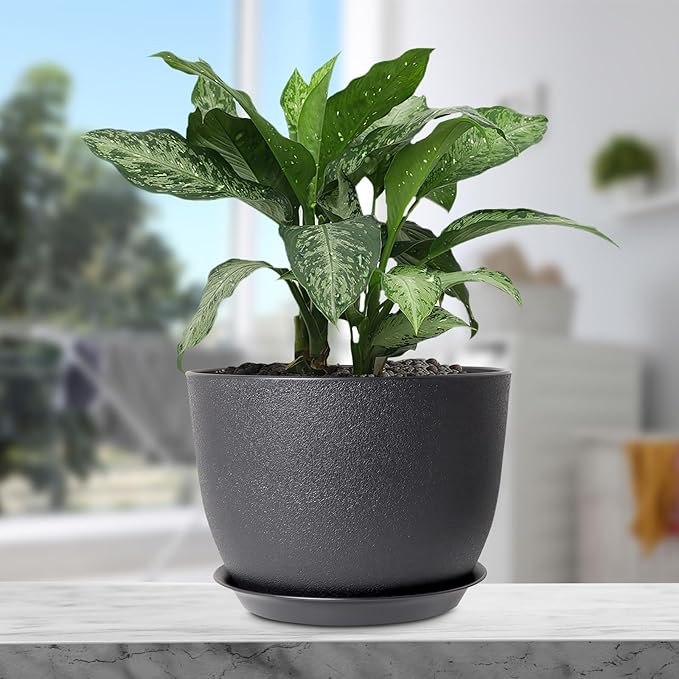 Meowell 12 inch Large Plant Pots, Plastic Planters with Drainage Holes and Saucers, Flower Pots for Indoor Outdoor Plants, Modern Decorative Pots for Garden House Plants, Black