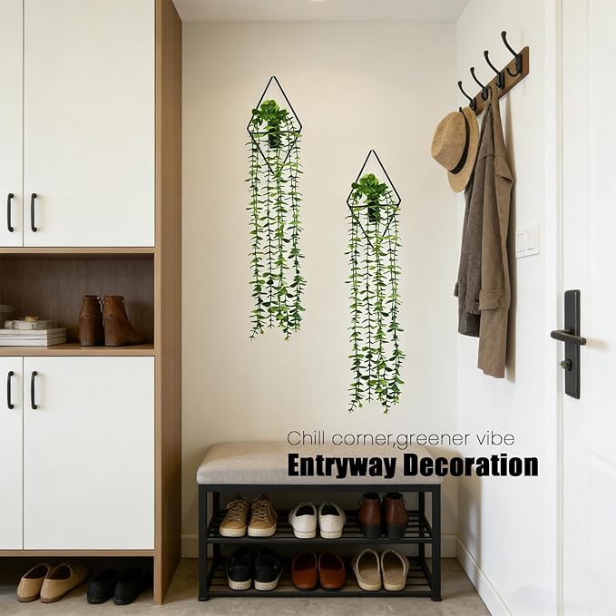 GREENTIME 2 Pack Fake Eucalyptus Hanging Plants 22" with 9.8" Diamond Metal Wall Planter UV Resistant No Maintenance Boho Wall Decor for Indoor Outdoor Bedroom Living Room
