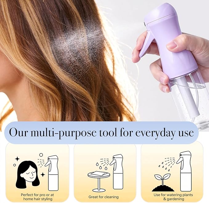 3Pcs Continuous Spray Bottles For Hair,Ultra Fine Mister for Hair Styling, Plants, Cleaning, Salon, Misting & Skin Care（200ml/6.8oz Green+Pink+Purple）
