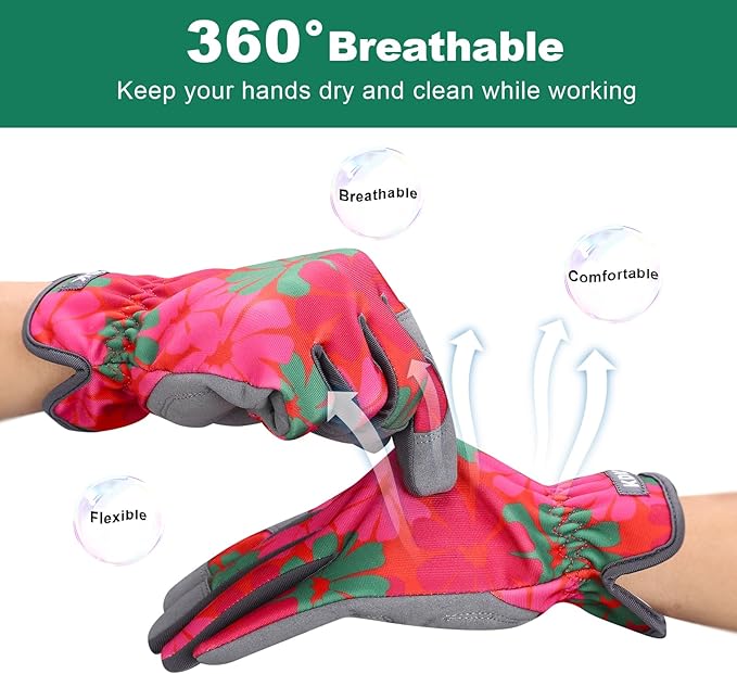KDK Gardening Gloves for Women, Flexible Breathable Garden Gloves, Leather Working Gloves for Weeding, Digging and Pruning (S-Daisy)