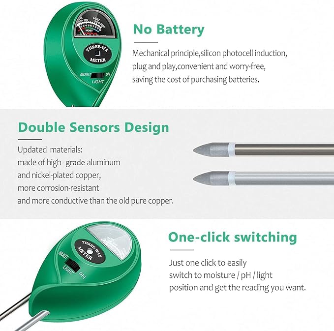 apine Soil Moisture Meter,3 in 1 Soil pH Tester,Soil Tester with Moisture,Light,and pH Test for Garden,Farm,Lawn,Indoor,Outdoor (No Battery Needed)