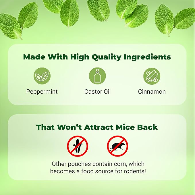 Mighty Mint Mouse Repellent Pouches – Peppermint, Castor Oil & Cinnamon Formula – Natural Indoor Deterrent for Mice and Rodents – Plant-Based, Long-Lasting Protection – 12 Count (Pack of 2)
