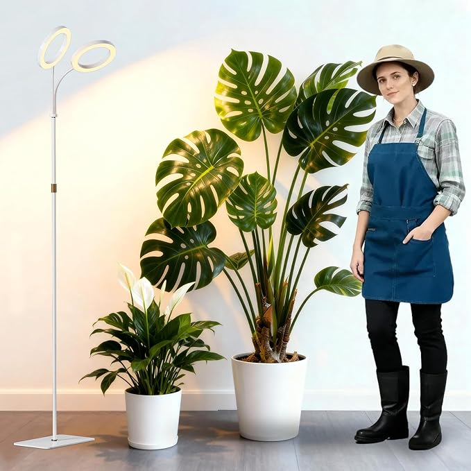 SDOVUERC Full Spectrum Grow Light with Stand for Indoor Plants, Floor Plant Light, 6/12/18H Timer, 3 Color Modes, Adjustable Height 16.5–67in, for Large Plants & Home Décor(2 Heads White)