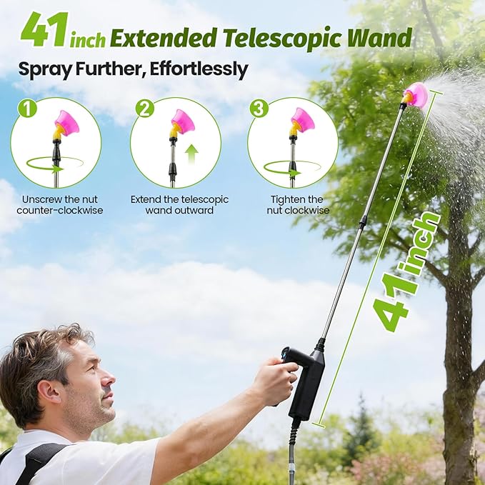 Battery Powered Backpack Sprayer 2.6Gallon, Electric Sprayer with 3-Adjustable Sprayings, Battery Indicator, 5 Nozzles, 41" Retractable Wand, Rechargeable Garden Sprayer for Weed, Lawn&Yard